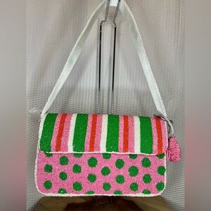 Viral Beaded Pink, Green, & White Striped/Polka Dot Shoulder Bag